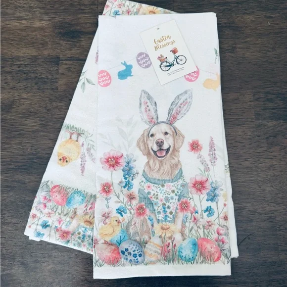 Easter Bunny Dog Golden Retriever Floral Beaded Dish Towels Tea Towels Set - Picture 2 of 3